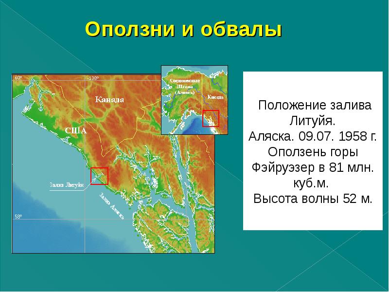 Положение залива Литуйя. Аляска. 09.07. 1958 г. Оползень горы Фэйруэзер в