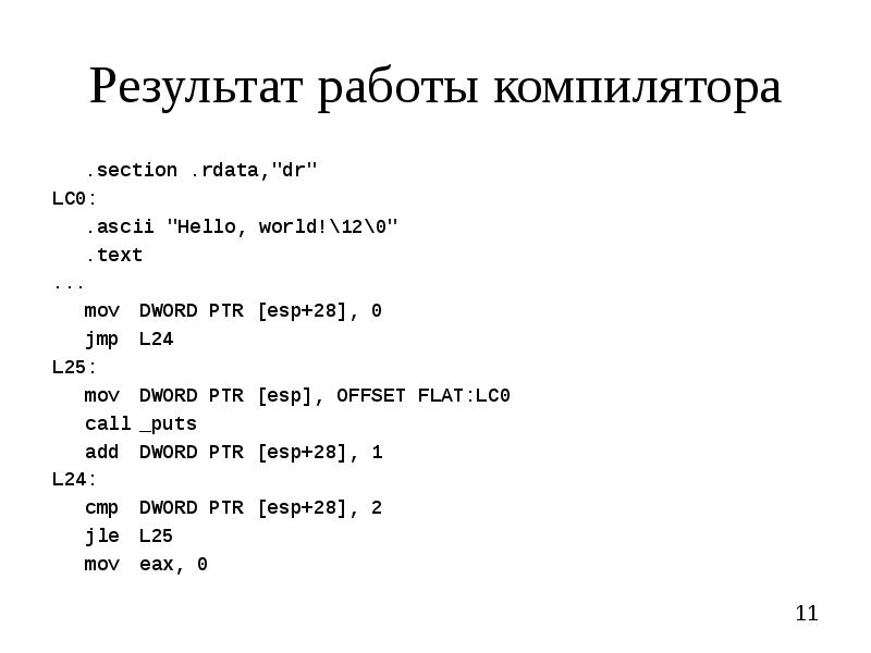 Результат текст. Результат работы компилятора.