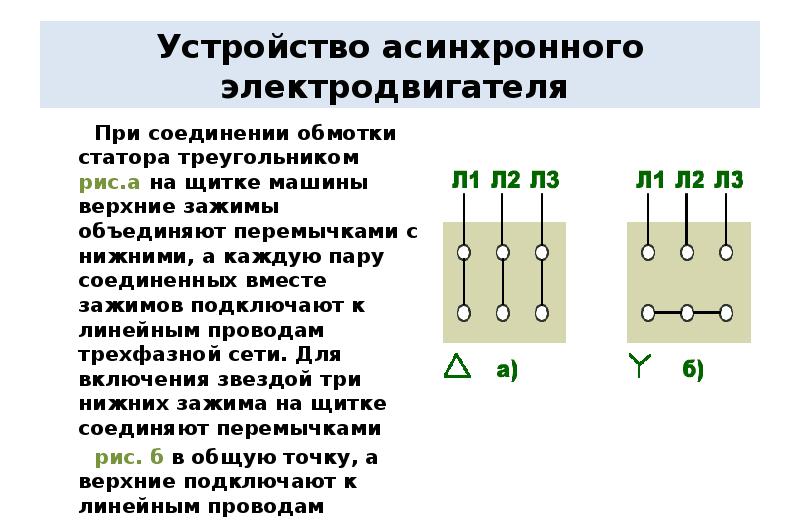 Схема подключения асинхронного электродвигателя