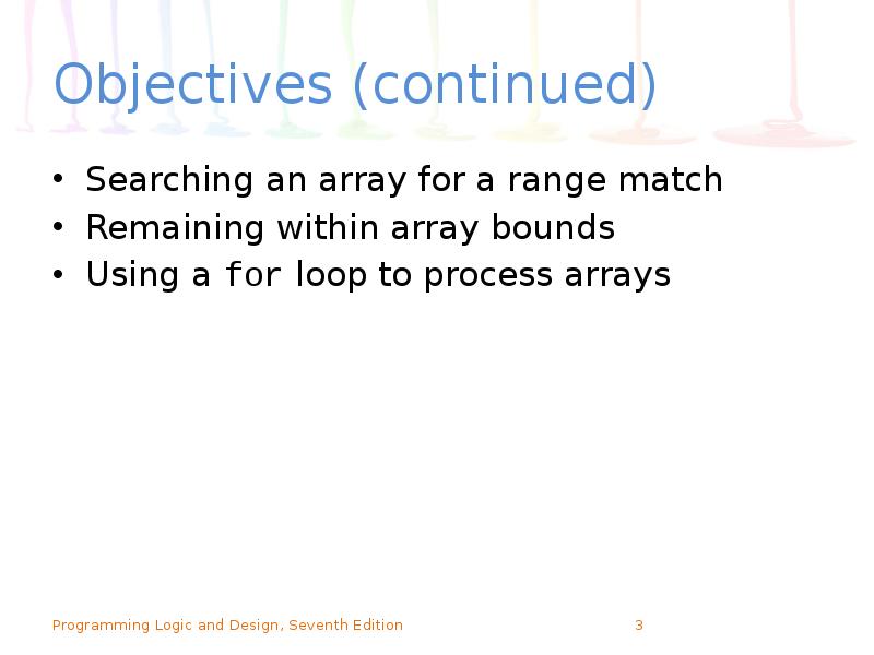 Objectives (continued)
Searching an array for a range match
Remaining within Objectives (continued)
Searching an array for a range match
Remaining within