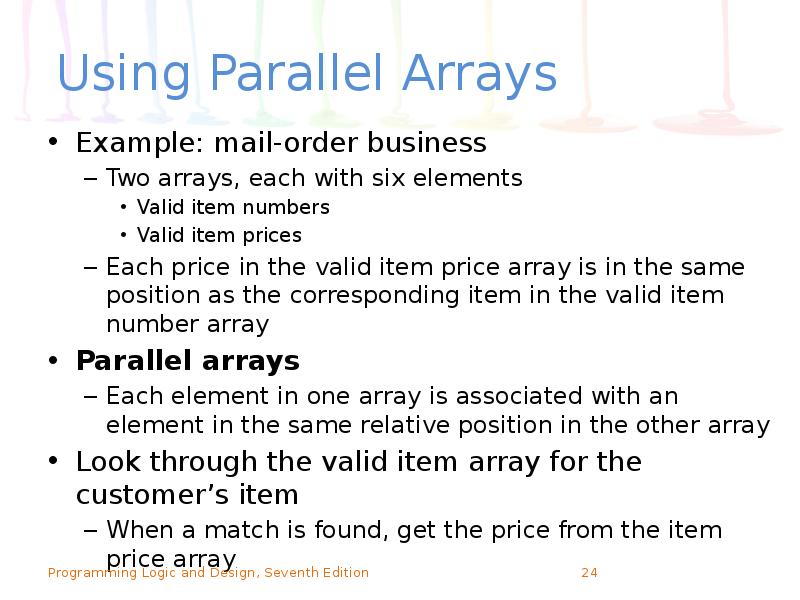 Using Parallel Arrays
Example: mail-order business
Two arrays, each with six Using Parallel Arrays
Example: mail-order business
Two arrays, each with six