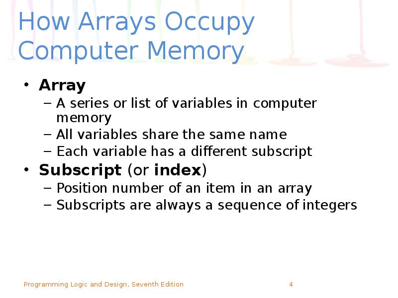 How Arrays Occupy Computer Memory
Array
A series or list of How Arrays Occupy Computer Memory
Array
A series or list of