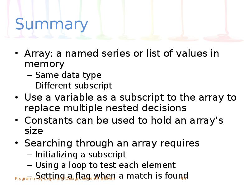Summary
Array: a named series or list of values in memory
Summary
Array: a named series or list of values in memory