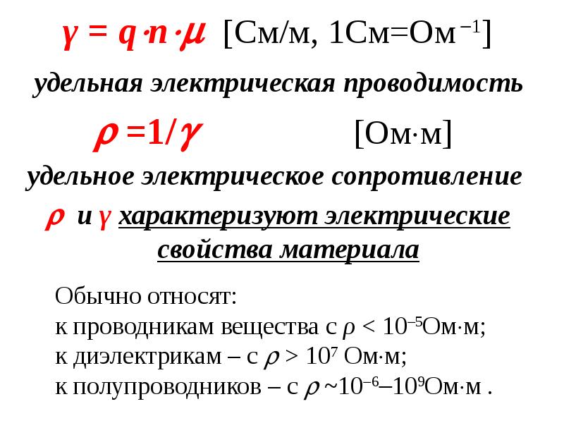 γ = qn См/м, 1См=Ом 1 γ = qn См/м, 1См=Ом