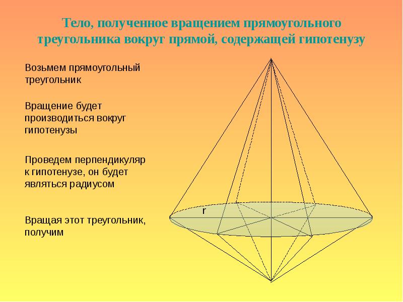 Какое тело образуется если равносторонний треугольник вращать. Вращение прямоугольного треугольника вокруг гипотенузы. Фигура вращения прямоугольного треугольника вокруг гипотенузы. Тело вращения треугольника. Прямоугольный треугольник вращается вокруг гипотенузы.