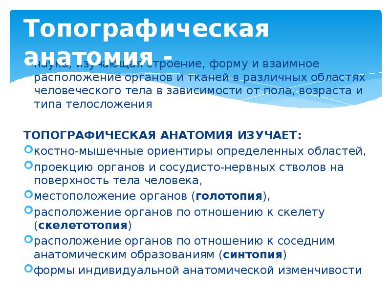 Топографическая анатомия -  наука, изучающая строение, форму и взаимное расположение