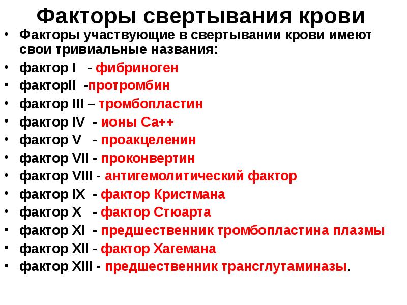 Фактор участия. 12 Факторов свертывания крови. Названия факторов свертывания. Назовите основные белки факторы свертывания крови. 13 Факторов свертывания крови.