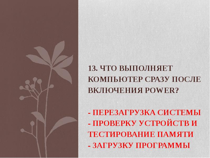 13. Что выполняет компьютер сразу после включения POWER? - перезагрузка