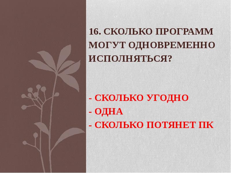 16. Сколько программ могут одновременно исполняться? - сколько угодно