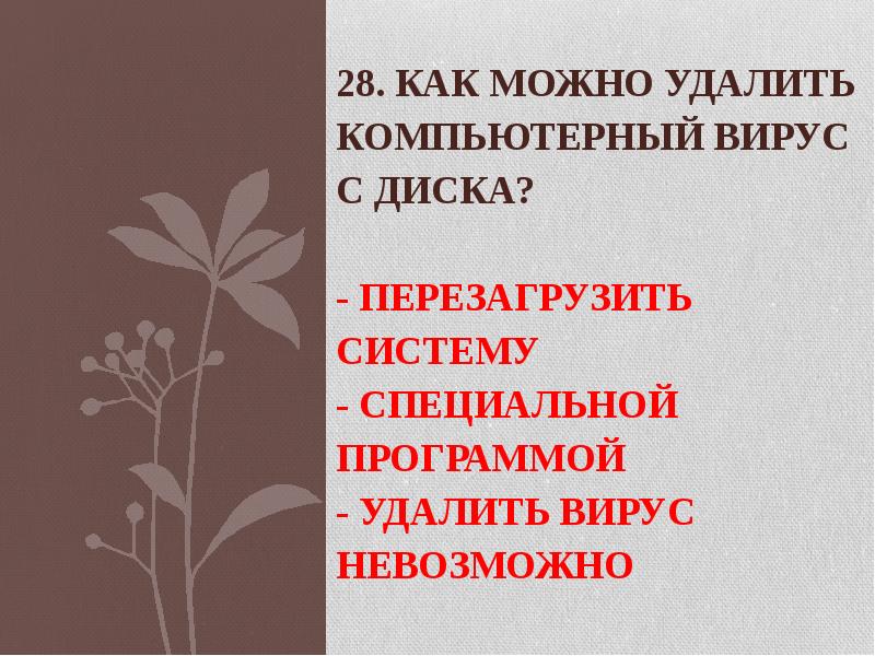 28. Как можно удалить компьютерный вирус с диска? -