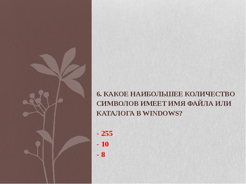 6.</p>
<p> Какое наибольшее количество символов имеет имя файла или каталога в