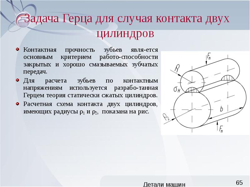 Контактная прочность зубчатых передач. Контактная прочность деталей машин. Формула Герца для контактных напряжений. Формула Герца детали машин. Задача Герца для цилиндров.