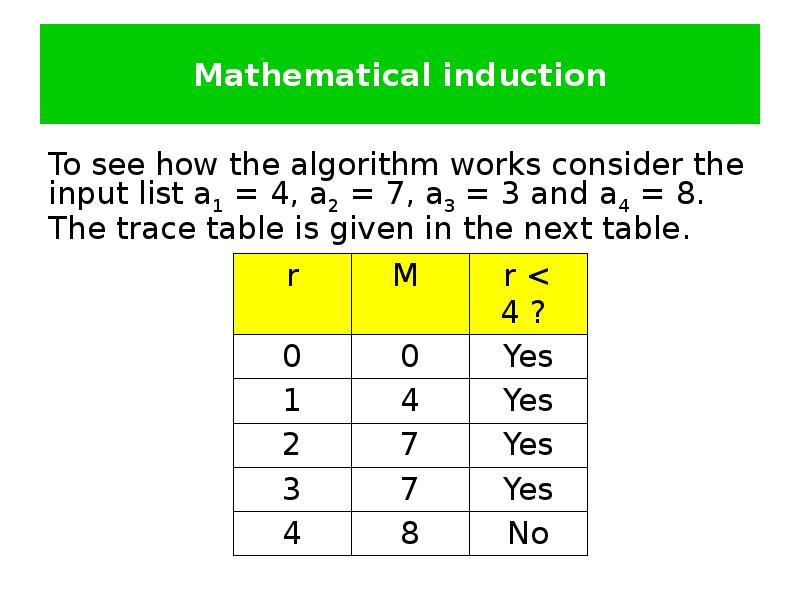 Mathematical induction To see how the algorithm works consider the input