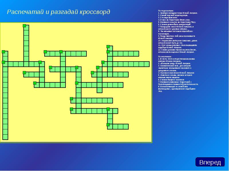 По горизонтали: По горизонтали: 1. Крайняя западная точка Южной Америки. 2.