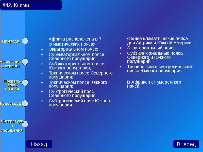 Африка расположена в 7 климатических поясах: 	Африка расположена в 7 климатических