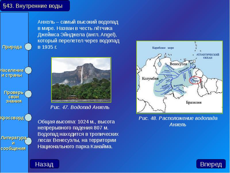 Определите координаты водопада анхель