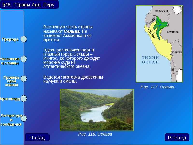 Восточную часть страны называют Сельва. Ее занимает Амазонка и ее притоки.