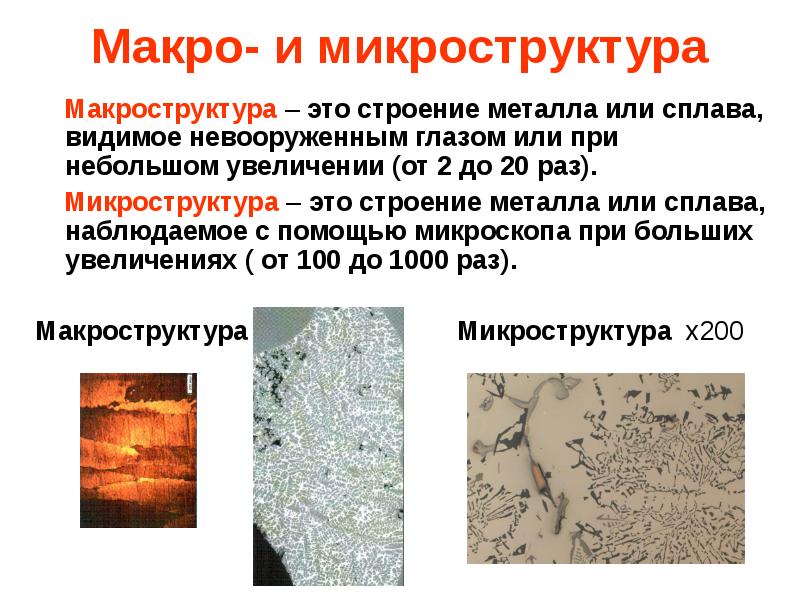 Макро- и микроструктура
Макроструктура – это строение металла или Макро- и микроструктура
Макроструктура – это строение металла или