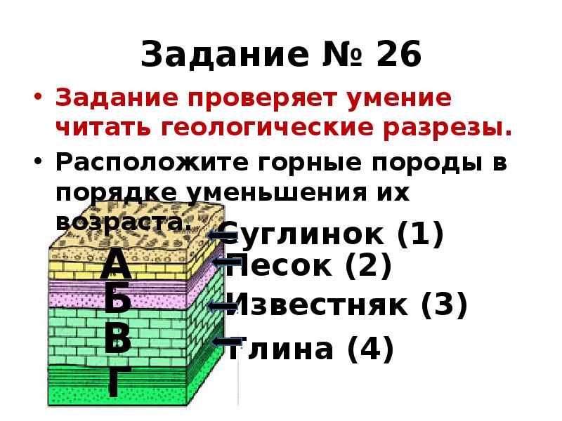 Задание № 26
Задание проверяет умение читать геологические разрезы.
Расположите горные Задание № 26
Задание проверяет умение читать геологические разрезы.
Расположите горные