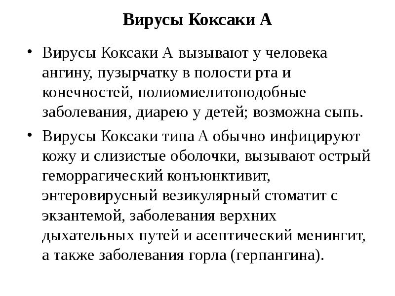 Вирусы Коксаки А Вирусы Коксаки А вызывают у человека ангину, пузырчатку