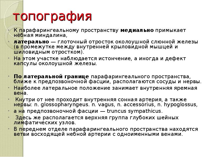 топография К парафарингеальному пространству медиально примыкает нёбная миндалина,  латерально —