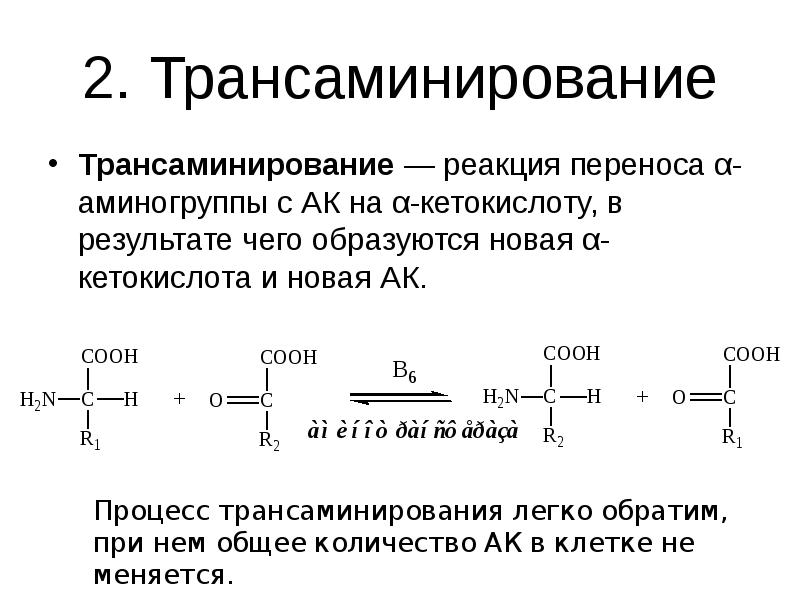 2. Трансаминирование Трансаминирование — реакция переноса α-аминогруппы с АК на α-кетокислоту,