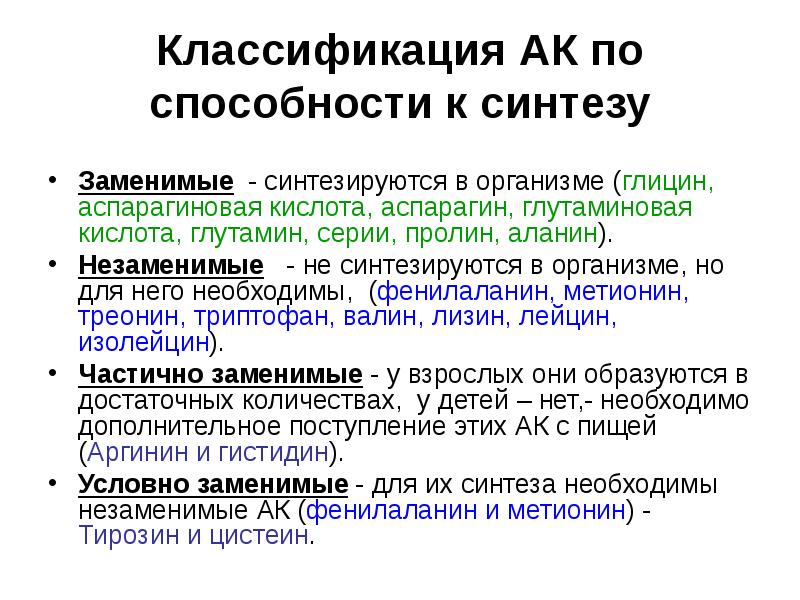 Классификация АК по способности к синтезу Заменимые - синтезируются в организме