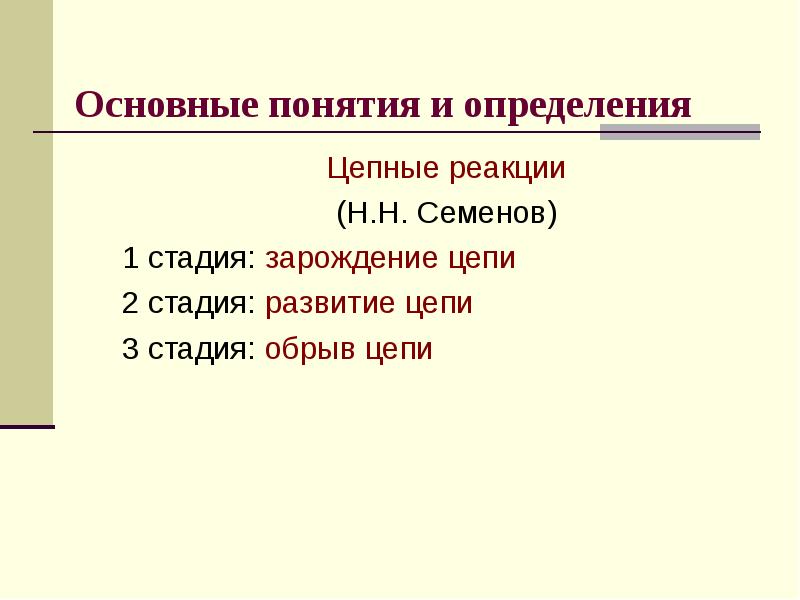 Основные понятия и определения Цепные реакции (Н.Н. Семенов) 1 стадия: зарождение