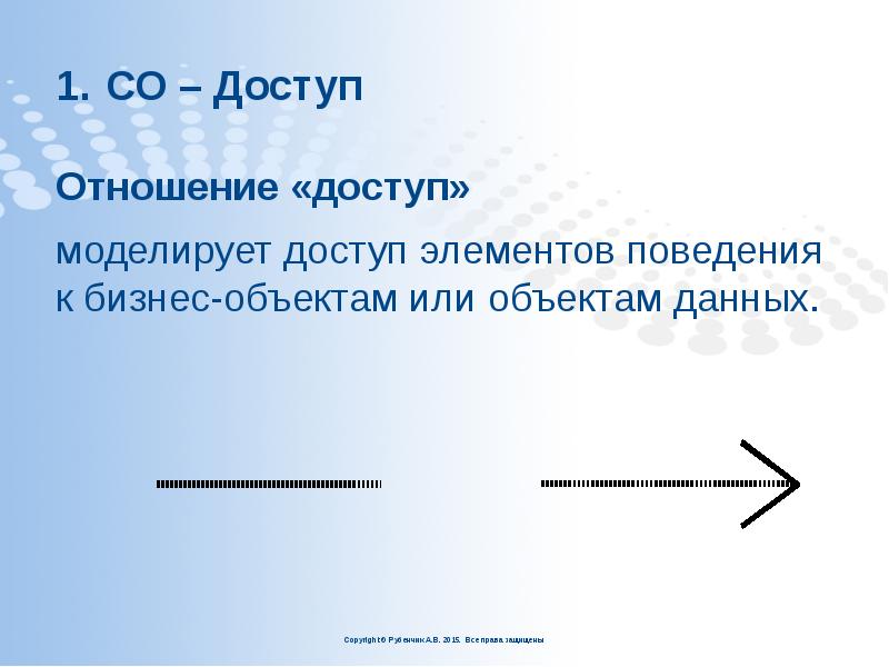 СО – Доступ
Отношение «доступ»
моделирует доступ элементов поведения к СО – Доступ
Отношение «доступ»
моделирует доступ элементов поведения к