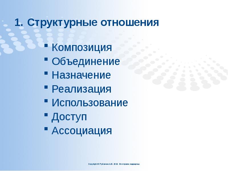Структурные отношения
Композиция
Объединение
Назначение
Реализация
Структурные отношения
Композиция
Объединение
Назначение
Реализация