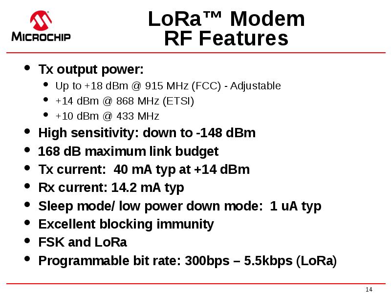 LoRa™ Modem RF Features
Tx output power:
Up to +18 LoRa™ Modem RF Features
Tx output power:
Up to +18