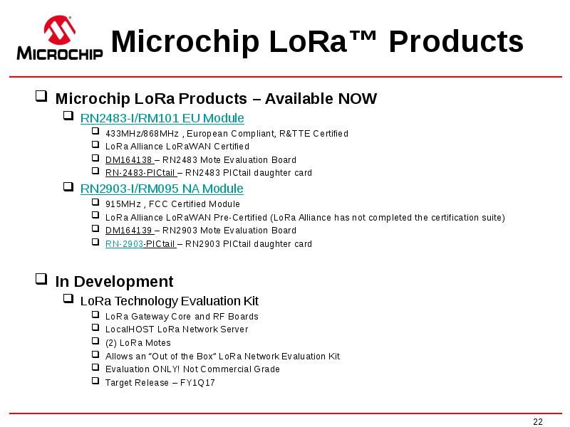 Microchip LoRa™ Products
Microchip LoRa Products – Available NOW
RN2483-I/RM101 EU Microchip LoRa™ Products
Microchip LoRa Products – Available NOW
RN2483-I/RM101 EU