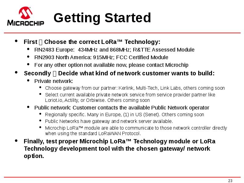 Getting Started
First Choose the correct LoRa™ Technology:
RN2483 Europe: Getting Started
First Choose the correct LoRa™ Technology:
RN2483 Europe: