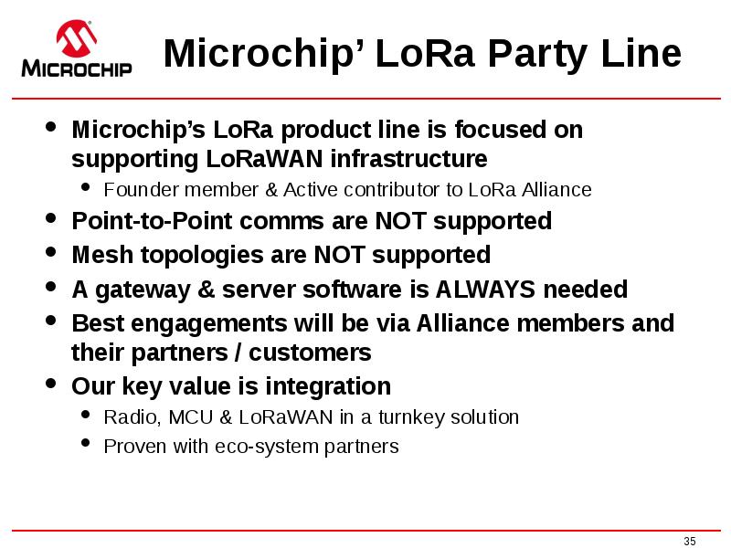 Microchip’ LoRa Party Line
Microchip’s LoRa product line is focused on Microchip’ LoRa Party Line
Microchip’s LoRa product line is focused on