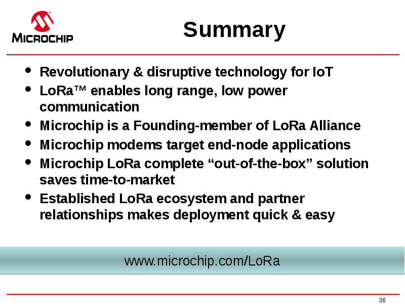 Summary
Revolutionary & disruptive technology for IoT
LoRa™ enables long Summary
Revolutionary & disruptive technology for IoT
LoRa™ enables long