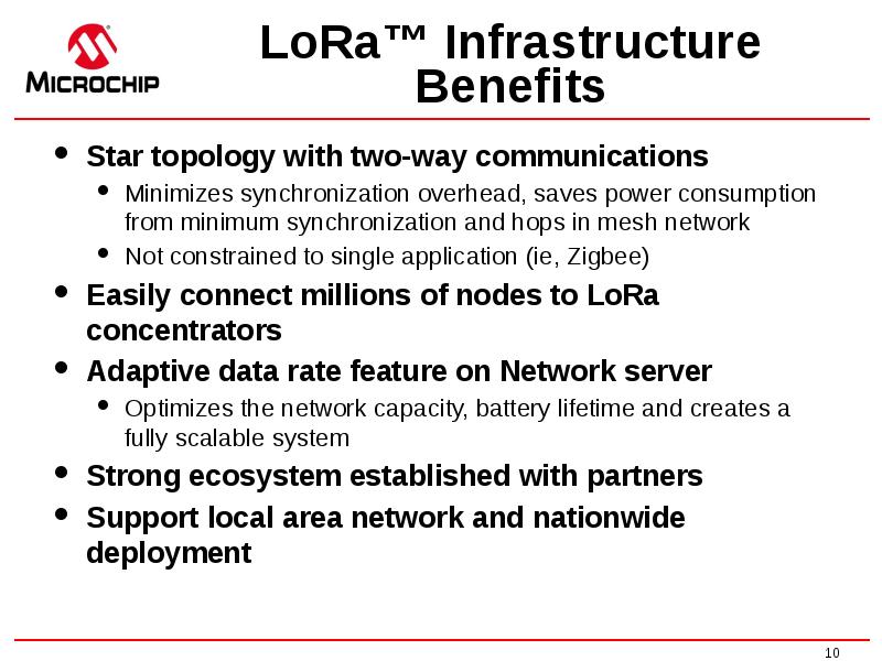 LoRa™ Infrastructure Benefits
Star topology with two-way communications
Minimizes synchronization overhead, LoRa™ Infrastructure Benefits
Star topology with two-way communications
Minimizes synchronization overhead,