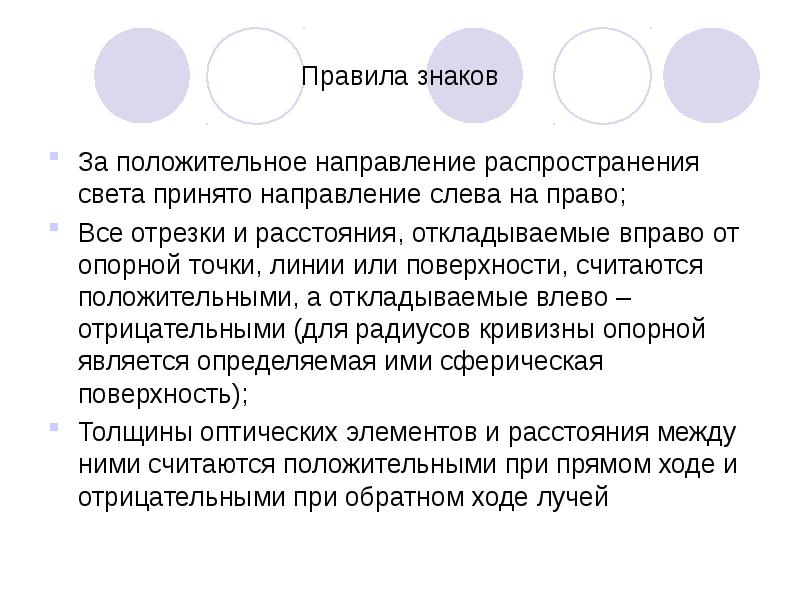 Принятое направление. Положительное направление. Правило знаков в оптике. Направление слева на право. Гипотеза о оптической системе.