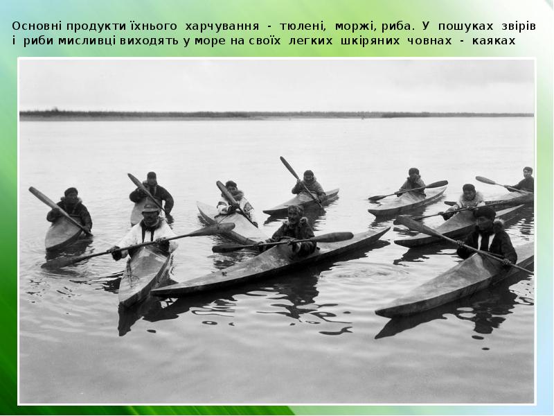 Основні продукти їхнього харчування - тюлені, моржі, риба. У пошуках звірів Основні продукти їхнього харчування - тюлені, моржі, риба. У пошуках звірів