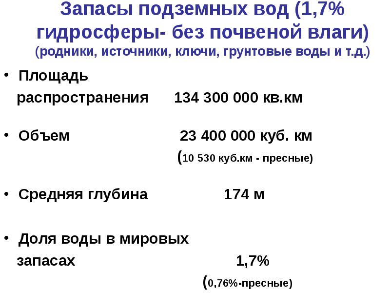 Запасы подземных вод (1,7% гидросферы- без почвеной влаги) (родники, источники, ключи,