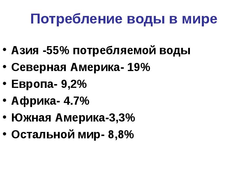 Потребление воды в мире Азия -55% потребляемой воды Северная Америка- 19%