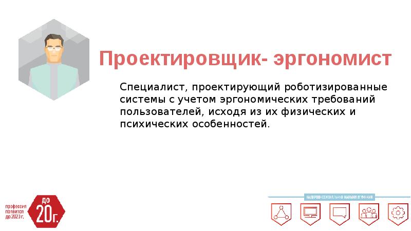 Проектировщик- эргономист Специалист, проектирующий роботизированные системы с учетом эргономических требований пользователей,