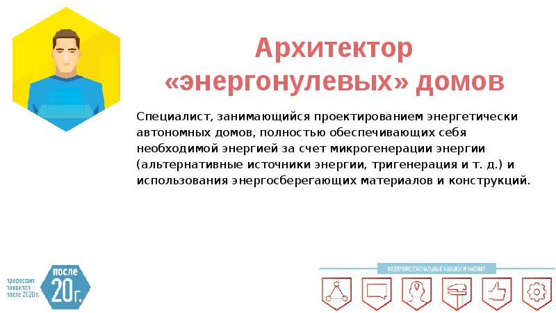 Архитектор «энергонулевых» домов Специалист, занимающийся проектированием энергетически автономных домов, полностью обеспечивающих