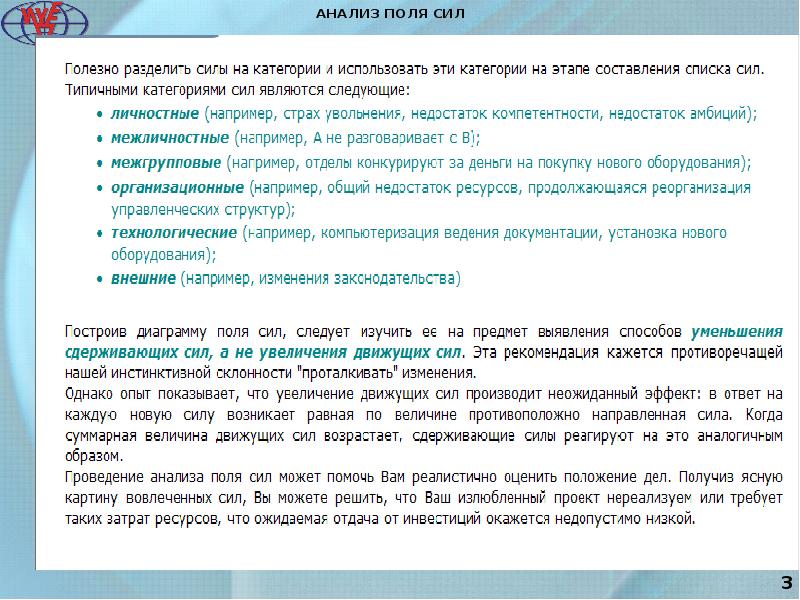 Список сил. Анализа ситуации изменения. Анализ силовых полей ситуации. Проект изменения ситуации. Анализ изменений.