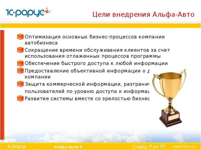 Цели внедрения Альфа-Авто Оптимизация основных бизнес-процессов компании автобизнеса Сокращение времени обслуживания