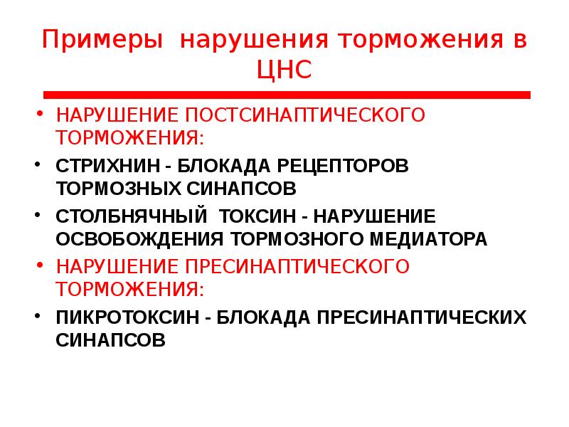 Примеры нарушения. Нарушение торможения в ЦНС. Тормозные структуры в ЦНС. Постсинаптические рецепторы ЦНС. Нарушение постсинаптического торможения.