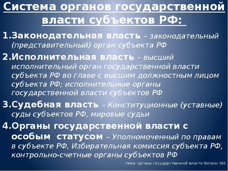 Система органов государственной власти субъектов РФ:
Законодательная власть – законодательный Система органов государственной власти субъектов РФ:
Законодательная власть – законодательный