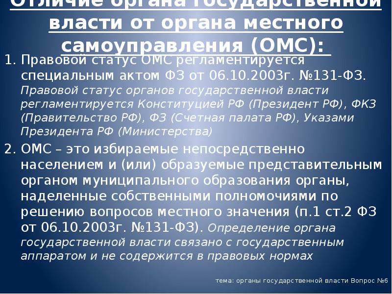 Отличие органа государственной власти от органа местного самоуправления (ОМС):
Правовой Отличие органа государственной власти от органа местного самоуправления (ОМС):
Правовой