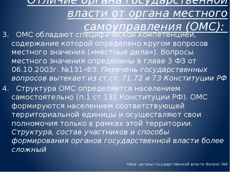 Отличие органа государственной власти от органа местного самоуправления (ОМС):
3. Отличие органа государственной власти от органа местного самоуправления (ОМС):
3.