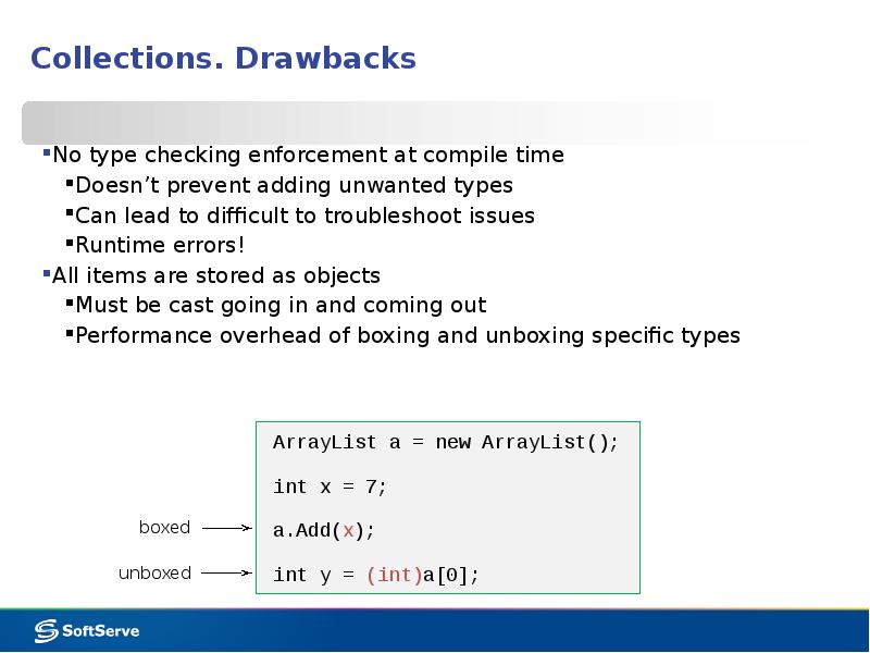 Collections. Drawbacks
No type checking enforcement at compile time
Doesn’t prevent Collections. Drawbacks
No type checking enforcement at compile time
Doesn’t prevent