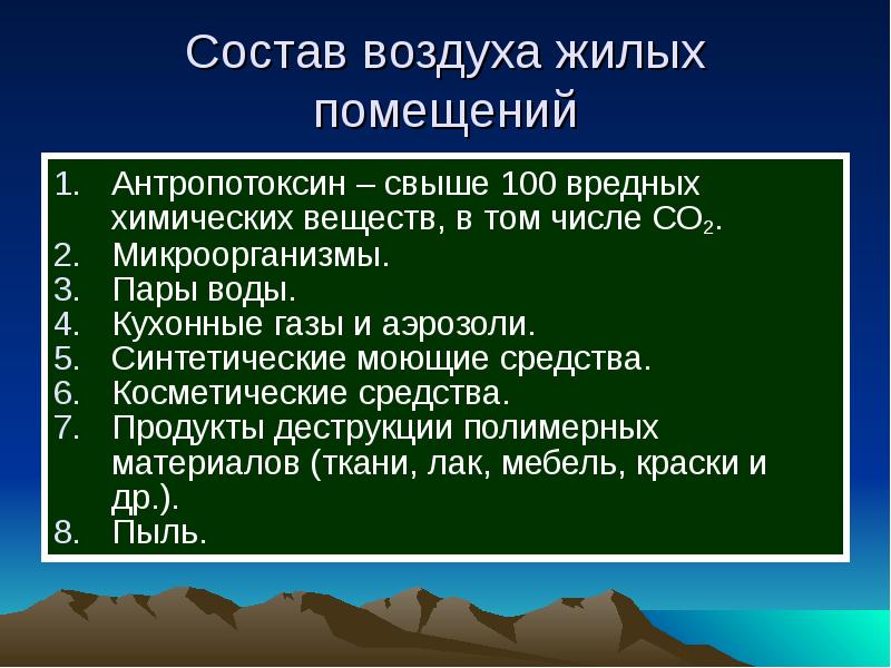 Состав воздуха рабочих зон. Состав воздуха жилых помещений. Химический состав воздуха жилых помещений. Антропотоксины влияние на организм. Гигиеническая оценка химического состава воздуха.